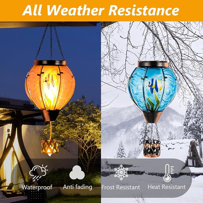 Blue Fish Hot Air Balloon Solar Lantern with Flickering Flame Light,Glass Hanging Solar Lanterns Outdoor Waterproof,Hot Air Balloon Decorative Lights for Patio Yard Porch Garden Gift for Women