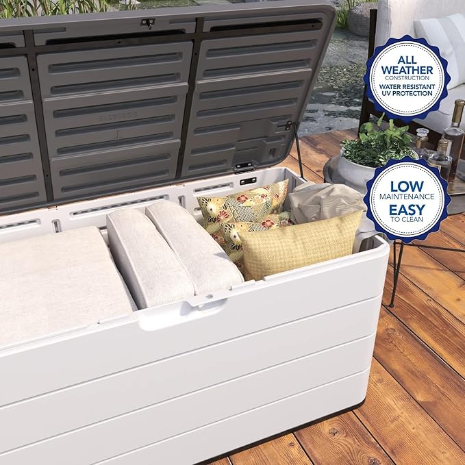 Heavy-Duty 100 Gallon Outdoor Storage Box - Waterproof Deck Box & Large Storage Bin for Patio/Pool, All-Weather Resin Chest with Lock, UV-Resistant, Alpine White
