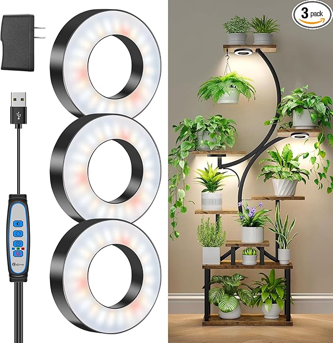 Wiaxulay Grow Lights for Indoor Plants, 144 LEDs Full Spectrum LED Plant Grow Light, 5V/3A Under Cabinet Grow Lamp with Auto Timer 6/12/16 Hrs, 3 Lighting Mode, 5 Brightness Levels, Tri Head (3.5in)