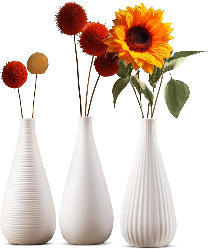 White Vases Home Decor Modern Ceramic Decorative Vases for Home Decor, Flower Vases & Centerpiece, Minimalist Design Set of 3