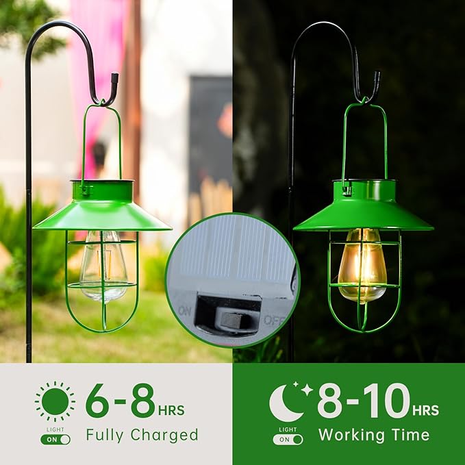 Solar Lights Lantern Lamp with Shepherd Hook, Solar Metal Lanterns, Outdoor Lights Decor,Edison Bulb Lights for Garden ,Outside Decor for Pathways,Patio, Lawn, or Landscaping(Green)