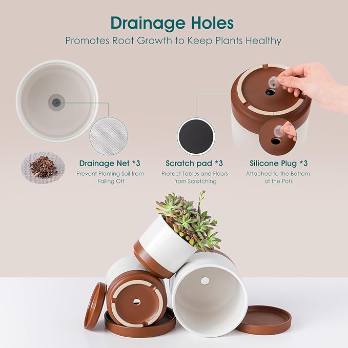vancasso Ceramic Plant Pots, 3 Piece Planters for Indoor Plants, 4.25+5.25+6.25 Inch Flower Pots with Drainage, Plant Pots Indoor for Succulent, Pothos, Snake Plant and Money Tree, Etc (Khaki)