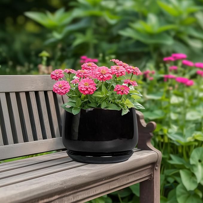 G EPGardening Ceramic Planter 7 Inch - Ceramic Pot for Plants with Drainage and Saucer, Round Plant Pots, Modern Indoor Outdoor Planter, Home Decor, Garden Gifts, Black