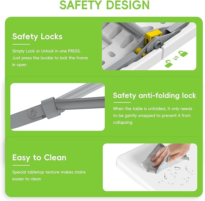 Folding Table 6ft, Foldable Portable Heavy Duty Plastic Fold-in-Half Utility Table with Handle & Safety Locks, Picnic Table Indoor Outdoor for Camping, Picnic and Party