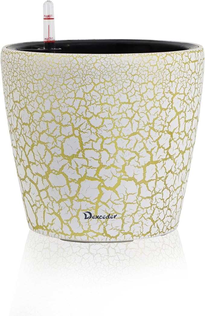Dexceder 9x8 Inches Self Watering Planter Indoor Outdoor, Inner Pot Design, Thickened Table Flower Plant Pot with Water Level Indicator (White Gold Crackle)
