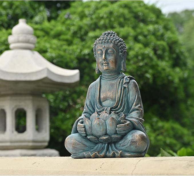 TERESA'S COLLECTIONS Meditating Buddha Statue for Garden Decor with Outdoor Solar Lights, Large Resin Christmas Decor Outdoor Statue Garden Sculpture Figurines for Home Lawn Yard Decorations, 10.4''