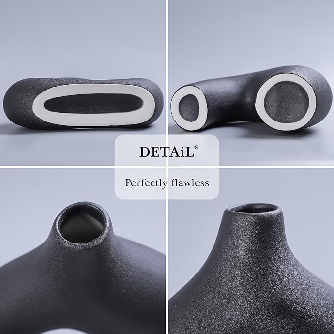 CEMABT Black Ceramic Vase Set of 2 for Modern Minimalist Bohemian Decor，Round Matte Donut Vases for Pampas Grass-Perfect for Living Room, Dining Table, Office Bedroom Shelf Decor Entryway, Console