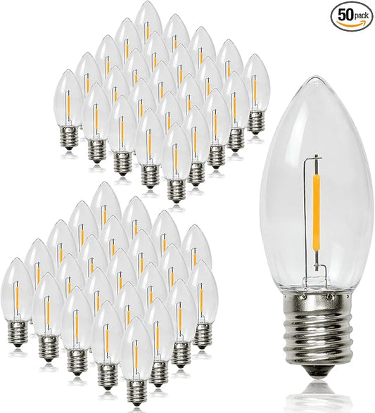 50 Pack C9 LED Replacement Christmas Light Bulbs, Soft White 2700K Waterproof Shatterproof Outdoor String Lights Vintage LED Filament Bulb, E17 Base, Commercial Grade Holiday Decoration Bulbs