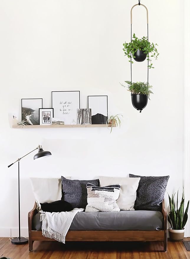 Modern Metal Hanging Planter for Indoor Outdoor Plants with Hook 2 Tier Boho Wall and Ceiling Flower Pots Baskets Holder Home Office Decor(Black)