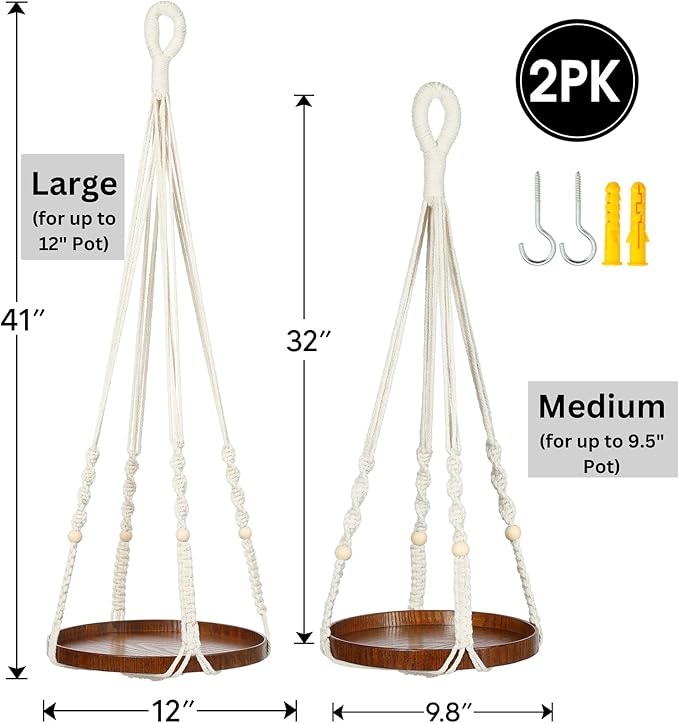 2 Pack Macrame Plant Hanger | Plant Hanger Indoor, Hanging Planter Shelf | Hanging Planter (Beige) (1 Large + 1 Medium)