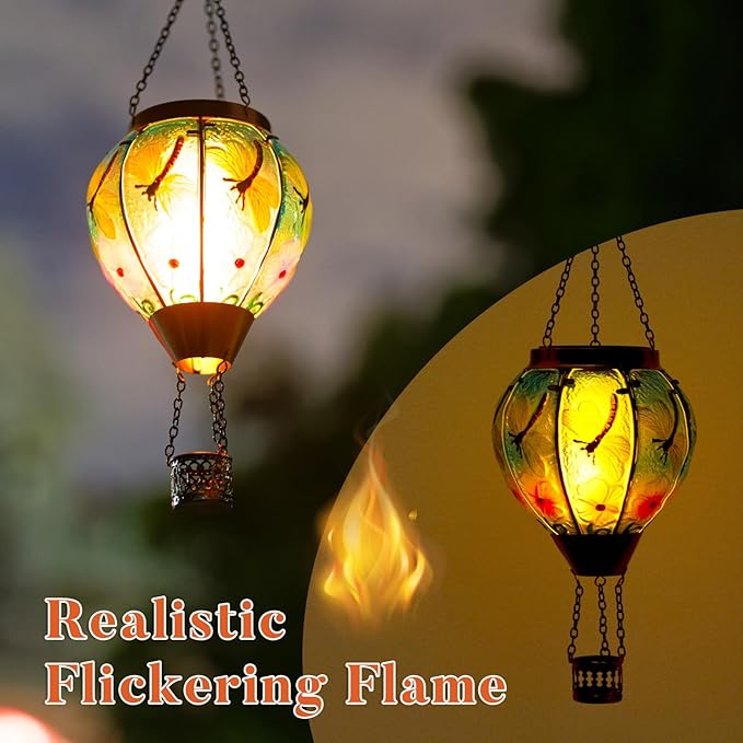 2 Pack Dragonfly Hot Air Balloon Solar Lantern Outdoor Waterproof, Glass Balloon Lanterns for Outside, Decorative Hanging Solar Lights Patio Garden Yard Gift for Women Moms