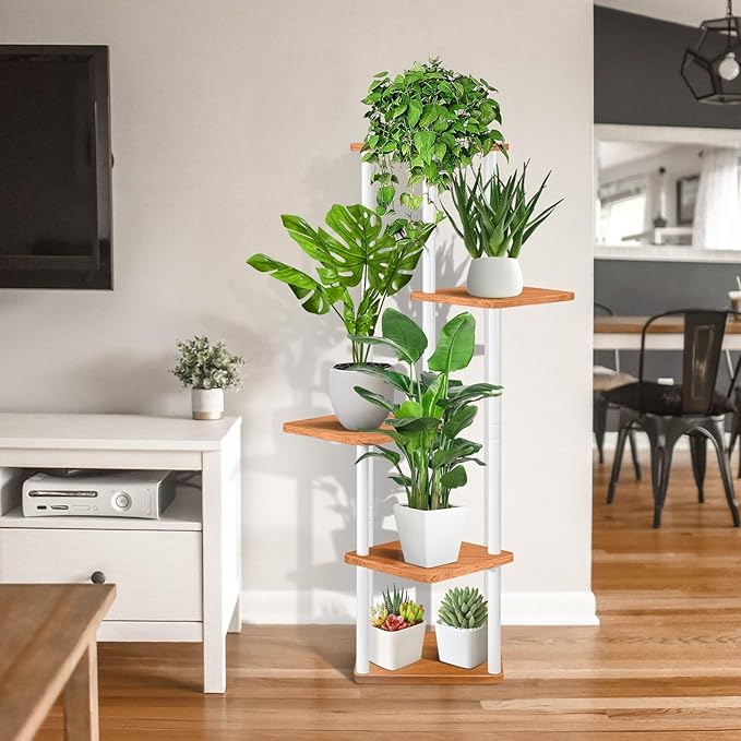 5 Tier Wood Tall Plant Stand Metal Rack Indoor, Multiple Flower Pot Holder Shelves Corner Rack, Planter Shelf Display Rack Storage Organizer for Patio Living Room Balcony Garden(White)