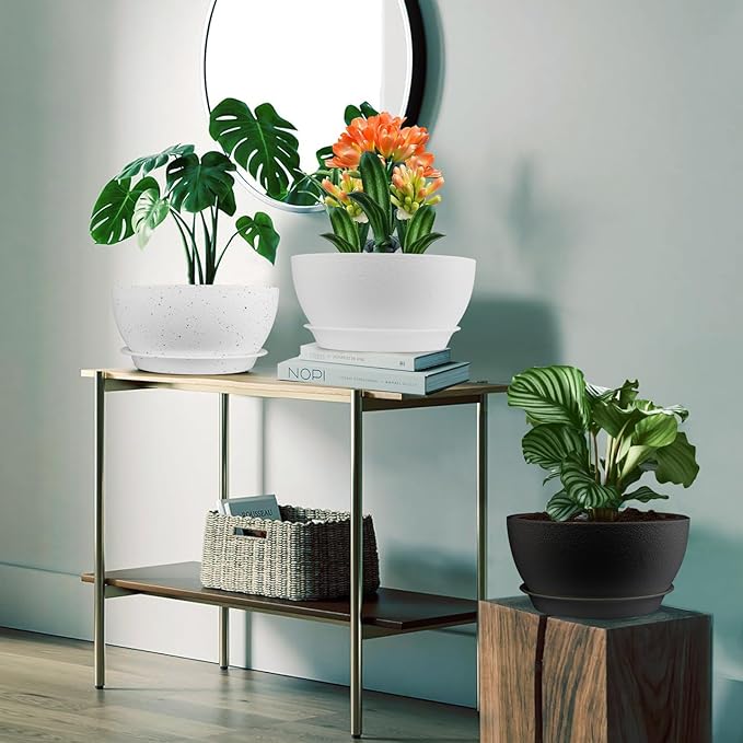 10 inch Plant Pots Pack of 2, Plastic Planter with Drainage Holes and Saucers, Plant pots for Indoor Outdoor Use, Flower Pots for All House Plants (White)