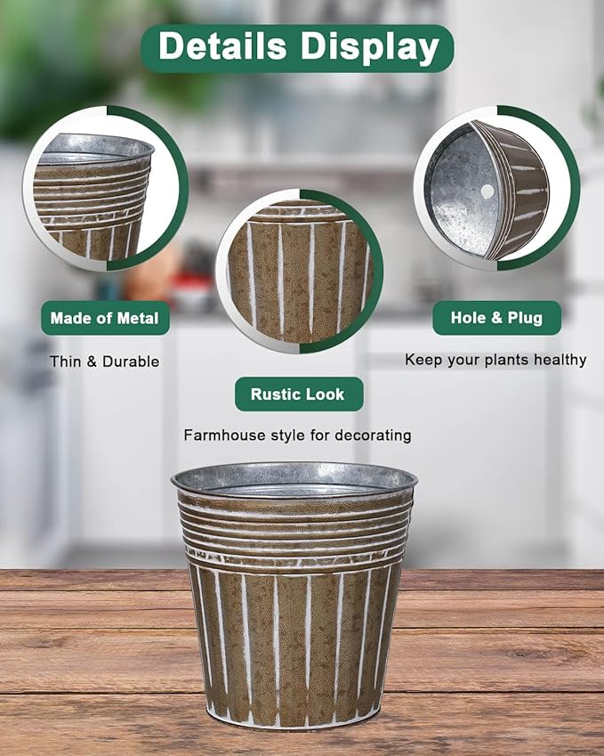 vensovo 4 Inches Brown Metal Rustic Flower Pots - 6 Pcs Small Galvanized Planters with Drainage Hole and Rubber Plug, Rustproof Tin Bucket Plant Pot Farmhouse Vintage Style for Decor