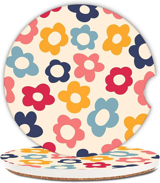 Vintage Groovy Rainbow Flowers Pink Car Coasters,Ceramic Absorbent Cup Holders with Finger Notch & Cork Base Car Assecories for Women/Men 2.6"(2 Pieces)