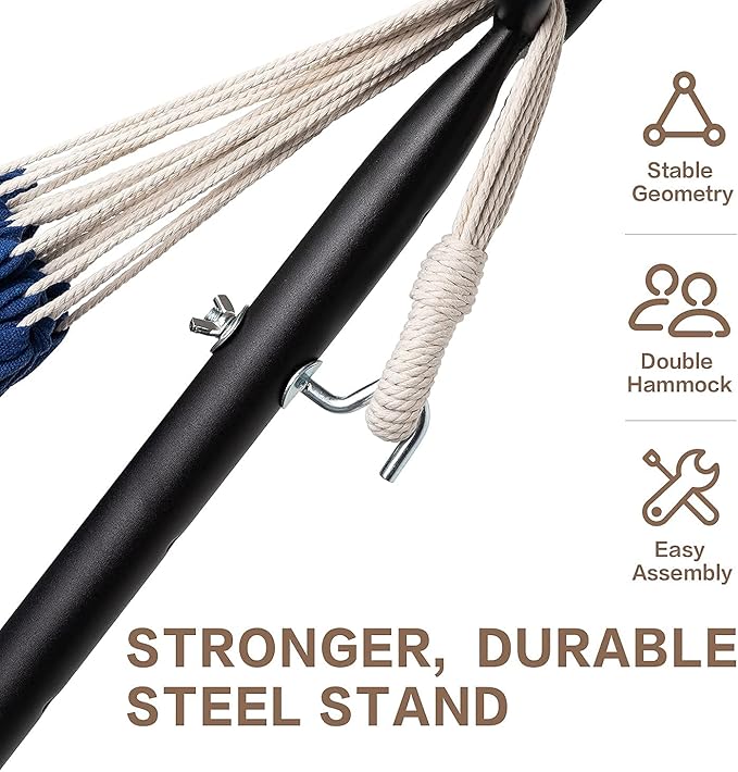 PNAEUT Double Hammocks with Stand for Outside, Portable Space Saving Heavy-Duty Steel Stand for Indoor Outdoor Patio with Carrying Bag, 450 lbs Capacity (Navy)