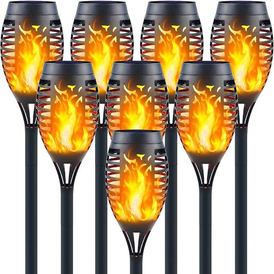 Mini Solar Tiki Torches with Flickering Flame Effect - 12LED Torch Lights Outdoor Waterproof, Perfect for Festival Decorations, Yard, Garden, Patio & Pathway Landscape Lighting (Set of 8)