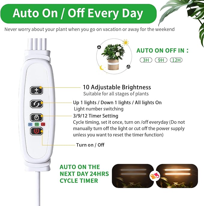 Two Strip Growing Lamp 2-Pack for Indoor Plants, 3000K Full Spectrum LED Grow Light Strips with Auto ON/Off 3/9/12H Timer & 10 Dimmable Levels for Green House Succulent (2 Head×2pcs)
