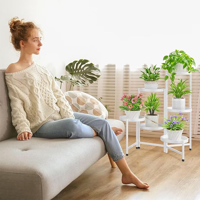 iDavosic.ly 6 Tier Large Plant Stand Indoor with 10 Inch Wide Tray, Tiered Corner Metal Outdoor Flower Display Holder Shelf, Folding Tall Rack for Patio Porch Living Room, White