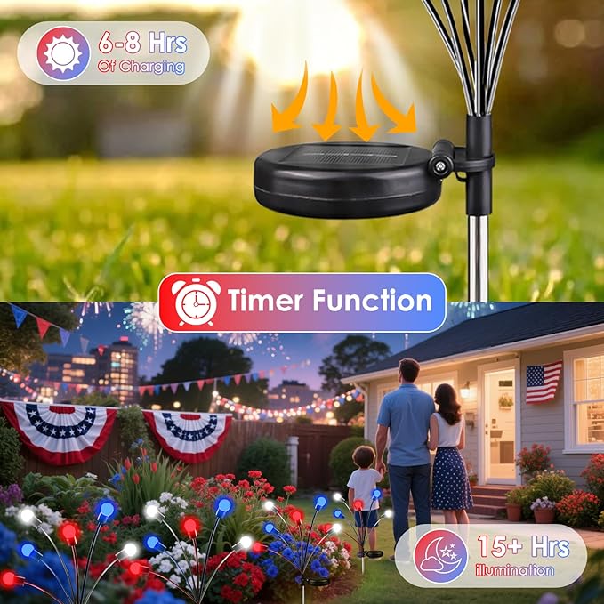 OZS 8pack Solar American Flag Lights - 4th of July Solar Garden LED Outdoor Waterproof Firefly Light for Memory Day, Independence Day, National Day Decoration (Red White Blue)