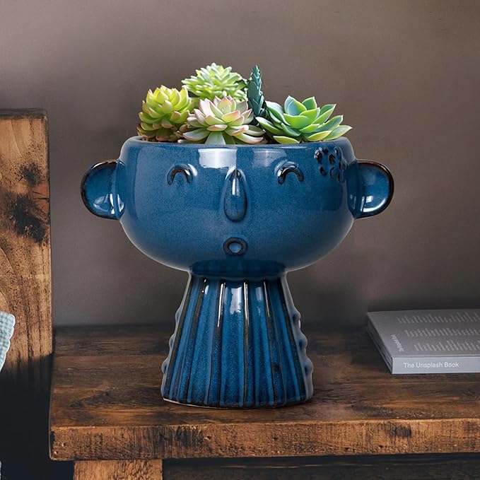 Head Planter Pot - 7 Inch Cute Face Planter for Indoor Outdoor Plants Ceramic Succulent Pot Round Flower Pot Present for Mother Christmas with Drainage Hole Blue