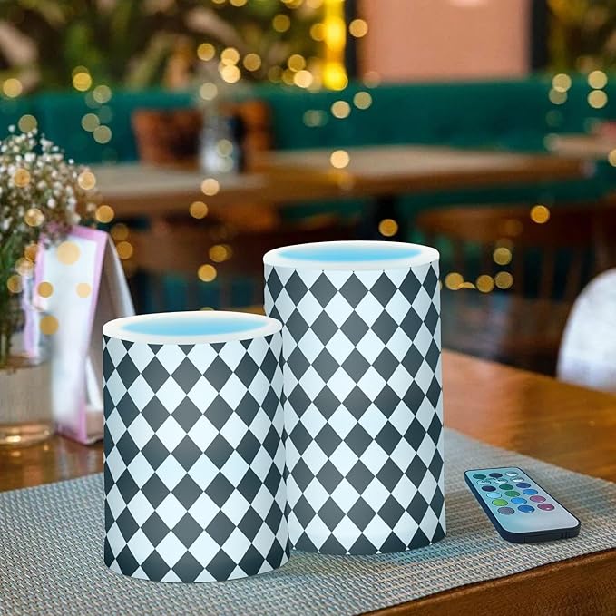 Flickering Flameless Candles, Black White Rhombuses Checkered LED Candles with Remote Timer, Set of 2 Battery Operated Candle for Valentine Wedding Birthday