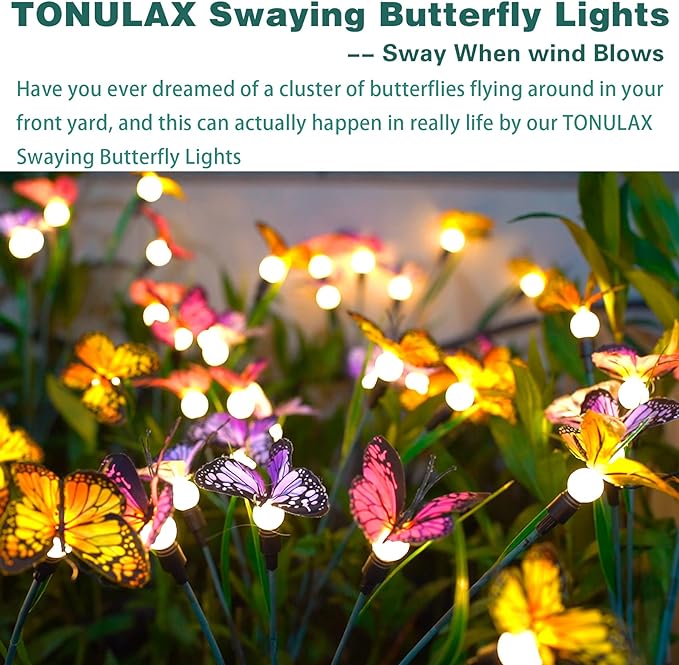 TONULAX Solar Garden Lights - Swaying Butterfly Light, Swaying in The Wind, Solar Outdoor Lights, Yard Patio Pathway Decoration, High Flexibility Iron Wire & Realistic Butterflies (6 Pack)
