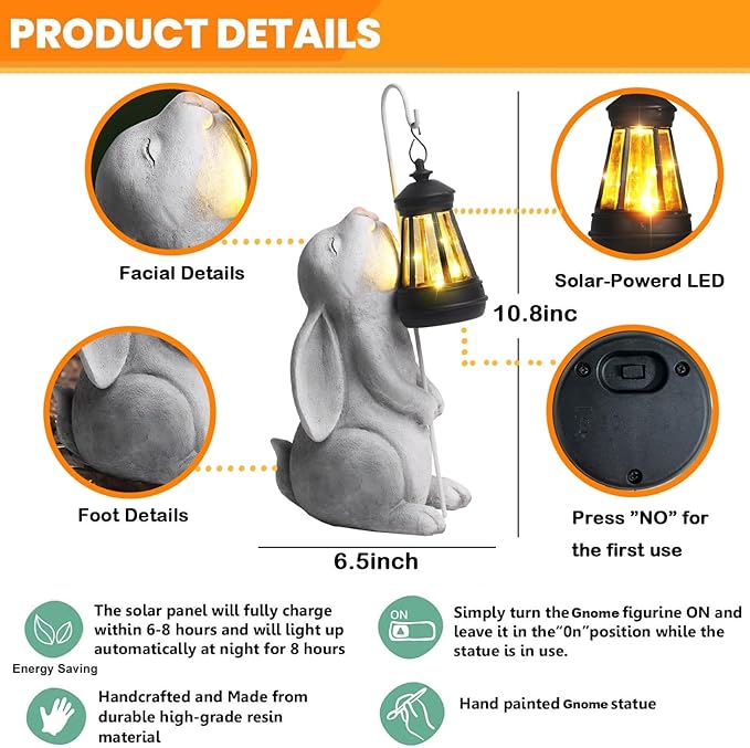 Solar Garden Outdoor Statues,Resin Rabbit Figurine Decorations with Solar Lantern, Outdoor Rabbit Art Decor for Lawn,Yard, Unique Housewarming Gift for Garden Home