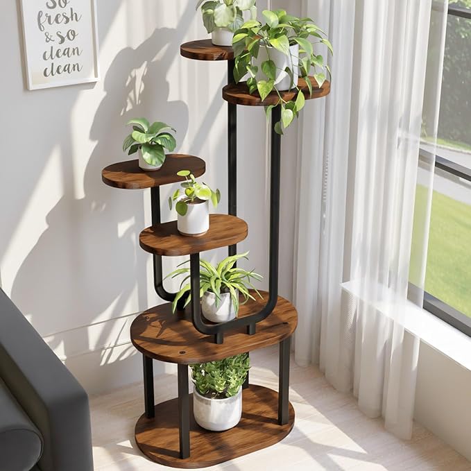 Plant Stand Indoor with Grow Lights, 6 Tier 38.6″ Tall Metal Plant Shelf for Multiple Plants, Plants Shelves Corner Flower Holder, Double U-Shape Plant Rack for Home, Living Room, Patio, Bedroom