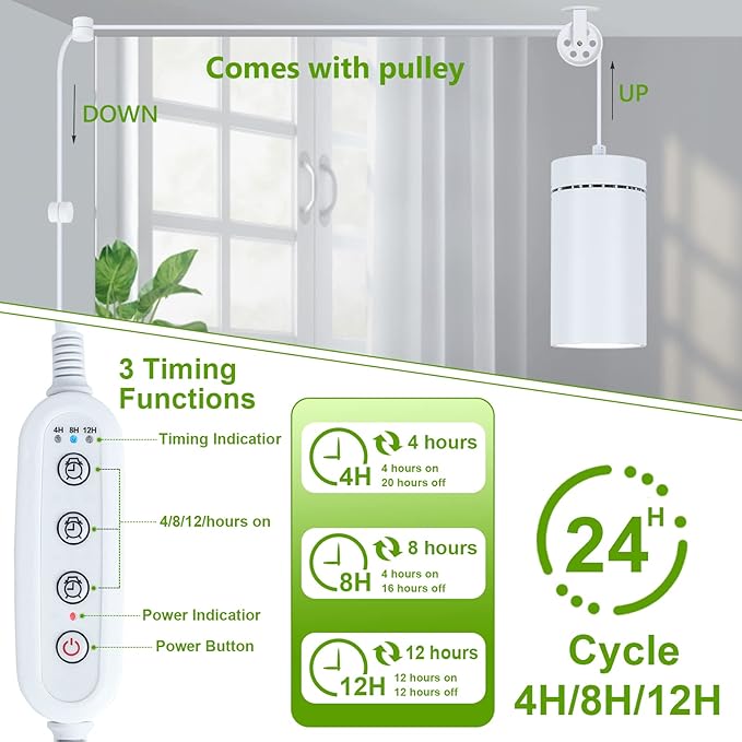 HMVPL Hanging Grow Light for Indoor Plant Full Specturm, Plug in Plant Light with 4000K 40W COB Grow Light Bulb, Small Grow Lamp with Pulley, 4/8/12H Timer for Indoor Seed Plant Flower Output(19ft)