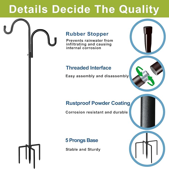 Double Shepherds Hook for Outdoor,94 Inch Bird Feeder Pole with 5 Prongs Base,Adjustable Heavy Duty Garden Hanging Holder for Hanging Plant,Solar Light,Weddings Decor,Hummingbird Feeder（1 Pack）