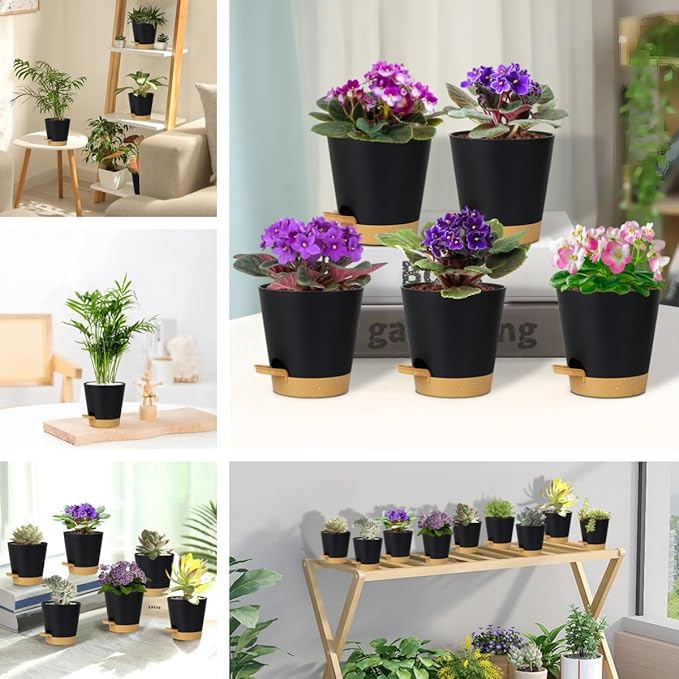 5 Pack 5 inch Self-Watering Pots, African Violets Planter with Drainage Holes and Reservoir, Black Brown Plastic Planter for Indoor Outdoor Plants Flowers and Houseplants black brown, 5 inch 5 pcs