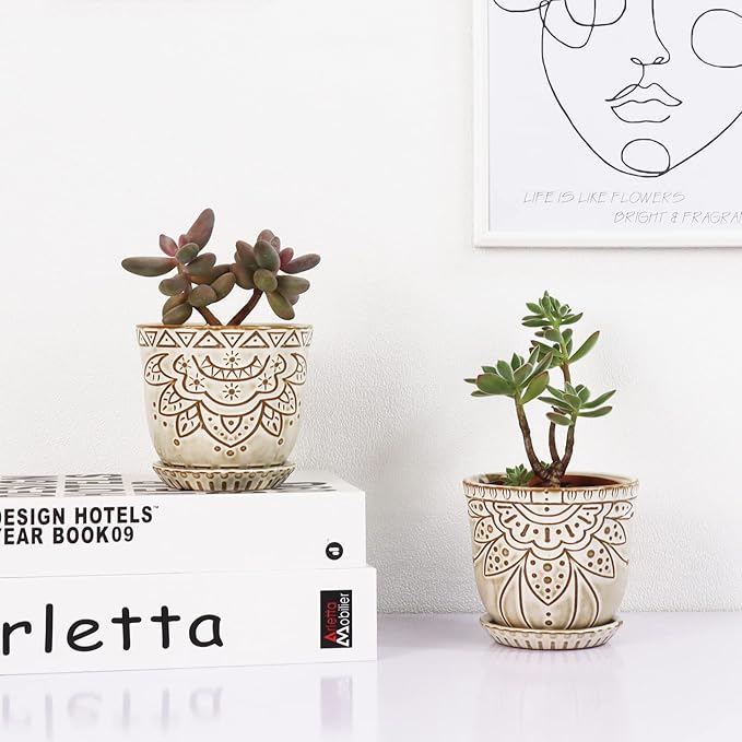 Gepege Succulent Pots, 4 Inch Small Indoor Ceramic Planter Pot with Drainage Holes and Saucers for Plants- Creamy White - Set of 4