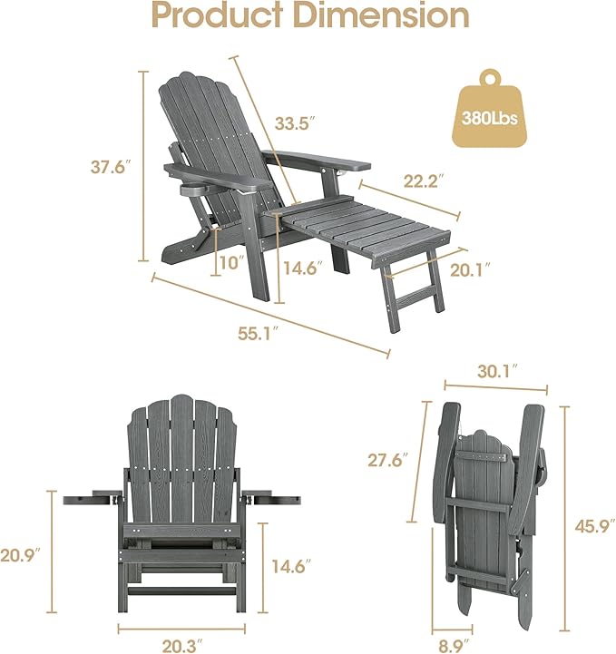 Folding Adirondack Chair Set of 4 with Adjustable Backrest, Adirondack Chair with Retractable Ottoman with 2 Cup Holders, for Pool Deck Beach Garden, Grey
