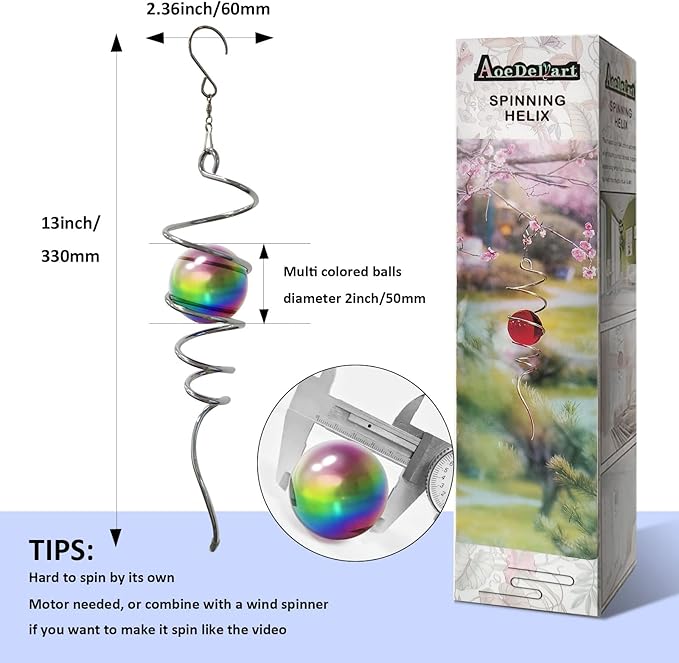 Multi Color Wind Spinner Tail Gazing Ball Spiral Decorative Wind Spinner Sun Catcher Visual Illusion Wind Spinner Stabilizer Indoor Outdoor Garden Decoration Wind Sculptures-13in Height