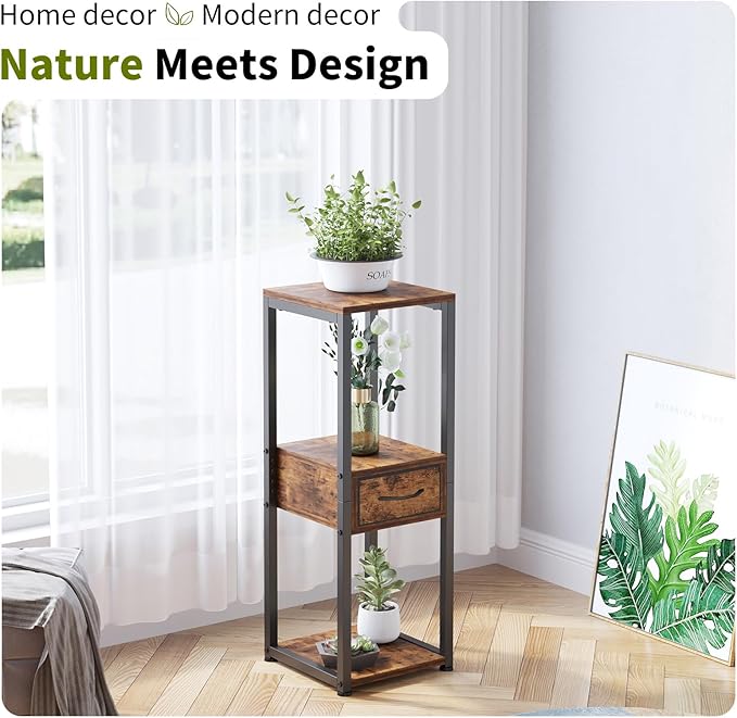 Tall Plant Stands Indoor, 3 Tier Plant Table with Fabric Drawer , Corner Plant Stands for Indoor Plants Multiple, Small Side Table for Indoor Plants, Tall Plant Table