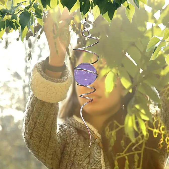 Gazing Ball Spiral Decorative Wind Spinner Sun Catcher 11inch Tail and 2 inch Glass Orb. Indoor Outdoor Garden Decoration Wind Sculptures-13 inch Height (Purple)