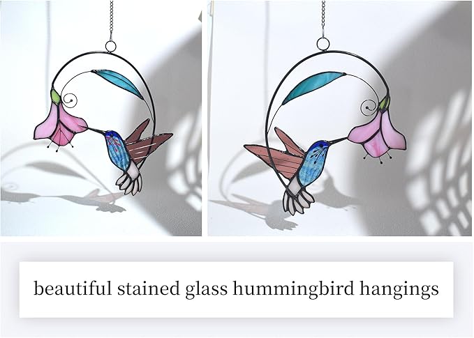 Lolitarcrafts Stained Glass Hummingbird Window Hangings with Flowers, Bird Stained Glass Suncatcher for Window Decor Hummingbird Gifts for Mom,Bird Lovers (Blue with Flower B)