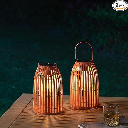 Set of 2 Solar Lantern Outdoor Waterproof Hanging Metal Birdcage Shaped Lantern Decorative Solar Light for Garden Yard Patio Porch, Orange
