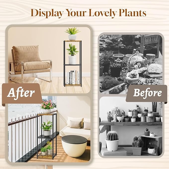 KMOTASUO 3 Tier Tall Plant Stands Indoor, 31 Inch Metal Wood Corner Plant Stand for Indoor Plants, Square Flower Pot Holder Shelf Display Rack for Balcony Garden Patio Living Room(Rustic Brown)