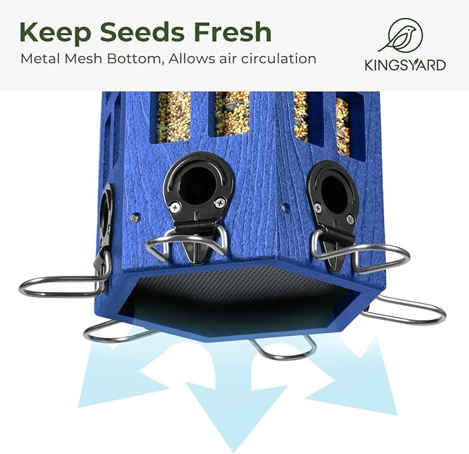 Kingsyard Wild Bird Feeder for Outdoor Hanging, Recycled Plastic Bird Feeders with 6 Ports & U-Shape Perch, Garden Yard Outside Decoration, 3.5 lbs Seed Capacity, Blue