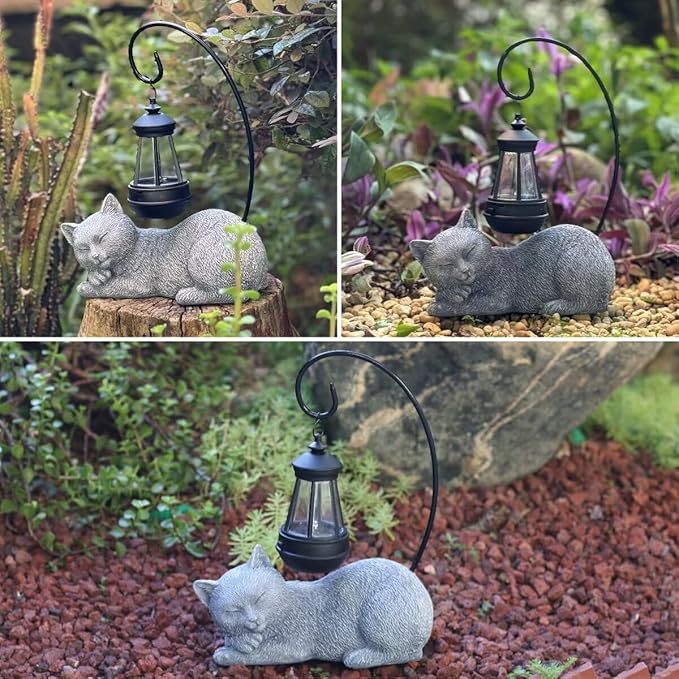 Solar Cat Outdoor Statues for Garden: Resin Cat Outside Decor with Solar Lantern Clearance for Yard Art, Cat Figurine Lawn Ornaments Porch Patio Balcony Home House - Birthday Gifts for Grandma Mom
