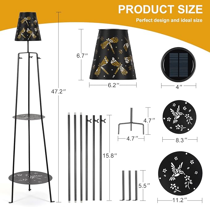47.2'' Outdoor Metal Solar Floor Lamps with 2 Plant Stand Dragonfly Solar Lights Plant Stand Waterproof Solar Powered Outdoor Lantern Garden Decorative Light for Pathway Patio Porch Deck Yard