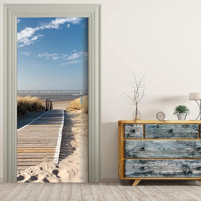 Door Wallpaper Self-Adhesive Door Poster 3D Door Picture - Bridge to The Sea - Door Film Photo Wallpaper Premium PVC Waterproof Door Sticker Wall Sticker for Bedroom Living Room Door Decoration