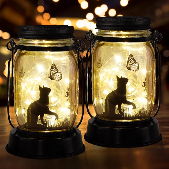 Kyoryuger Cat Solar Lanterns 2PACK Cat Lover Gifts for Women Mom Grandma Christmas Cat Gifts for Cat Lovers Cat Memory Lantern with Stake for Yard Lawn Patio Garden Decor and Bedroom Decoration