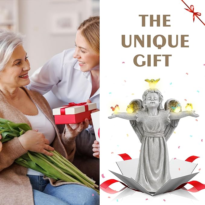 MININOVA Solar Angel Garden Statue with Birds Outdoor Solar Light Decorations Resin for Yard Patio Porch Balcony Housewarming Birthday Gifts for Women