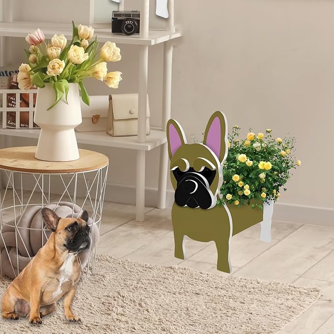 Yellow French Bulldog Planter Plant Pots,Cute Garden Dog Flower Planter,Dog Planters Birthday Gifts for Women,Office,Indoor/Outdoor Decor（9.45 * 6.3 * 13.35in）