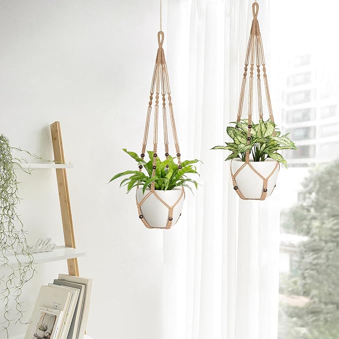 Mkono 43 Inch Macrame Plant Hanger Large for up to 12 Inch Pot Extra Long Hanging Plant Holder No Tassels Hanging Planter Basket with Wood Beads for Indoor Outdoor Home Decor, Brown, Set of 2
