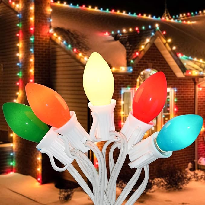 25Ft C7 Vintage Christmas Lights Multicolor - 27 Colorful Ceramic Bulbs, Hanging Outdoor for Tree, Party, Prom, Wedding, Holiday, Patio Decor - White Wire