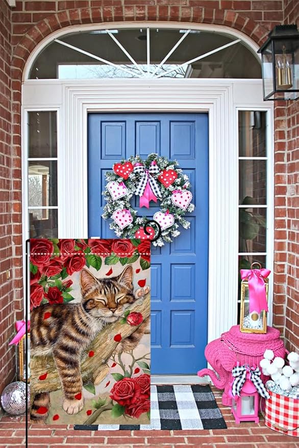 BLKWHT Valentines Cat Garden Flag 12x18 Vertical Double Sided Red Roses Spring Farmhouse Holiday Outside Decorations Burlap Yard Flag BW757
